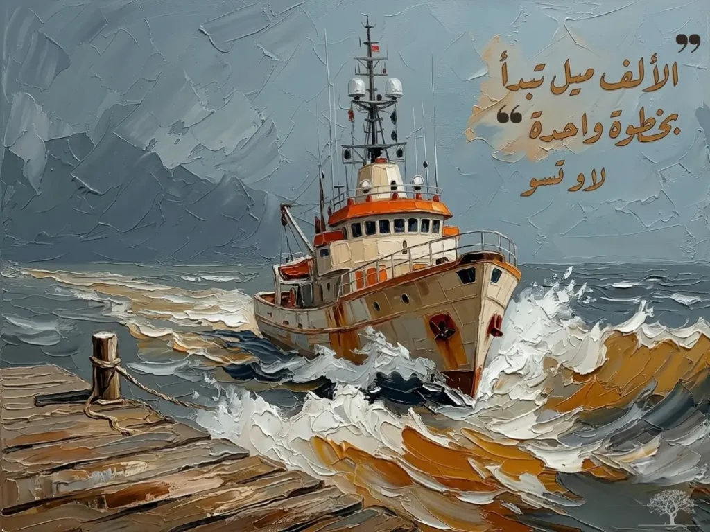 لوحة فنية لسفينة تشق أمواج البحر الهائجة قرب رصيف خشبي، تتضمن اقتباس: "الألف ميل تبدأ بخطوة واحدة" – لاو تزو.