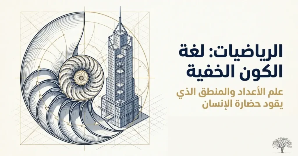 تصميم هندسي يجمع بين النسبة الذهبية وبرج معماري يرمز إلى ارتباط الرياضيات بالطبيعة والهندسة وبناء الحضارات.