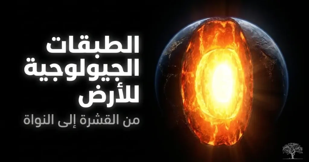 مجسم ثلاثي الأبعاد يوضح مقطعاً عرضياً لطبقات الأرض الجيولوجية الداخلية المتوهجة من القشرة والوشاح إلى النواة المركزية الساطعة، مع نص توضيحي باللغة العربية.