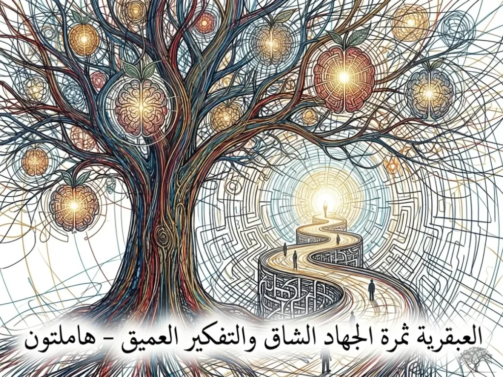 تصميم فني لشجرة متشابكة الفروع تشبه شبكة الأفكار والعقول، مع طريق متعرج نحو الضوء، يتضمن اقتباس: "العبقرية ثمرة الجهاد الشاق والتفكير العميق" – هاملتون.