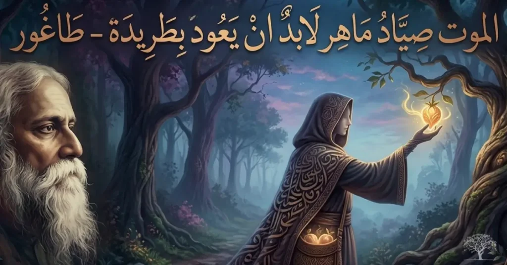 رسم توضيحي فني يجمع بين الشاعر طاغور وشخصية غامضة تتلقى ثمرة مشعة من شجرة قديمة في غابة ليلية، مع اقتباس عربي في الأعلى: 'الموت صياد ماهر لابد ان يعود بطريدة - طاغور'.