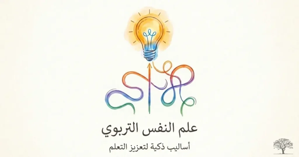 رسم توضيحي لمصباح مضيء تتفرع منه خطوط ملونة ترمز إلى التفكير والتعلم والإبداع، مع عنوان حول علم النفس التربوي وأساليب تعزيز التعلم لدى الأطفال.