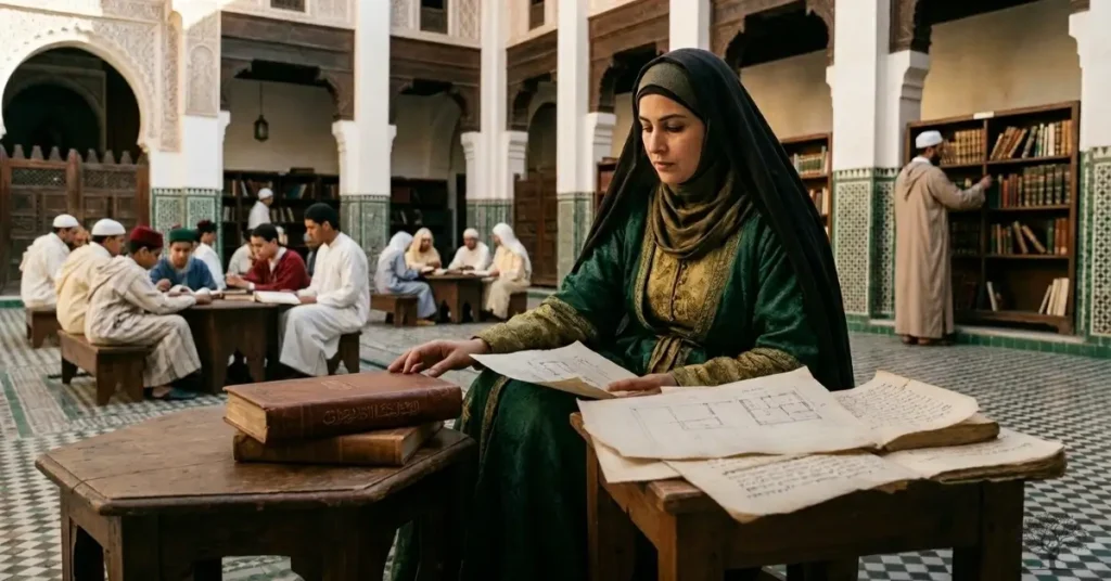 فاطمة الفهرية تجلس في مؤسسة علمية تاريخية محاطة بالكتب والمخطوطات، في مشهد يرمز إلى تأسيس أول جامعة في العالم ودورها الرائد في نشر العلم.