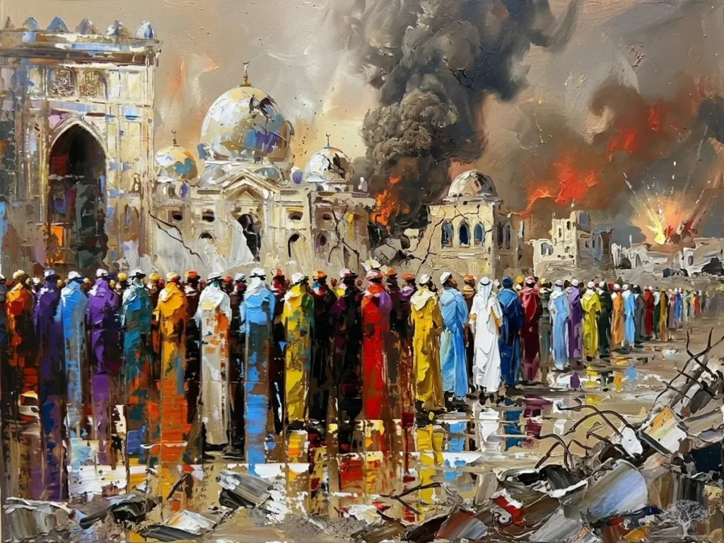حشود من الناس يقفون أمام مسجد تاريخي وسط مدينة مدمرة تشتعل فيها الحرائق ويتصاعد منها الدخان، في مشهد فني يجسد معاناة المدنيين وصمودهم أثناء الحروب.