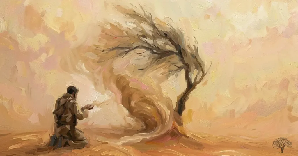 رسم فني لشخص يقف أمام شجرة تتشكل حولها دوامة قوية من الرياح والرمال، في مشهد يرمز إلى العواقب التي تنشأ من الأفعال والقرارات، مع عنوان: «من يزرع الريح يحصد العاصفة».