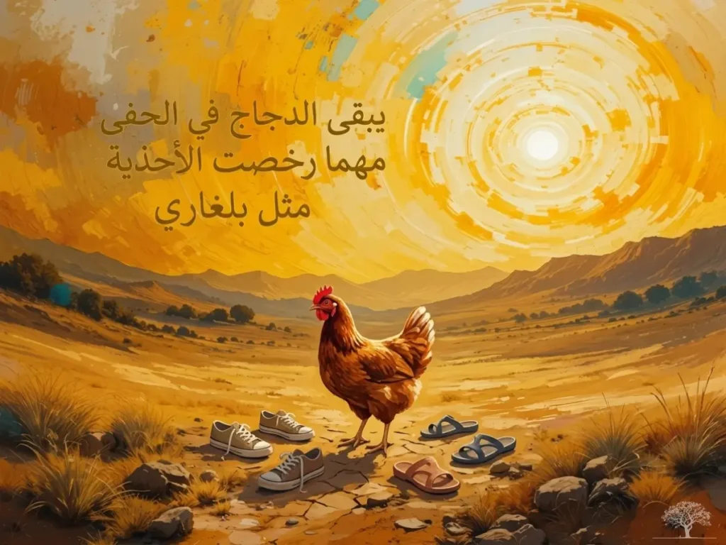 لوحة فنية لدجاجة تقف في أرض جافة تحيط بها أحذية مختلفة تحت شمس ساطعة، مع مثل بلغاري عن الطبع والأصالة.