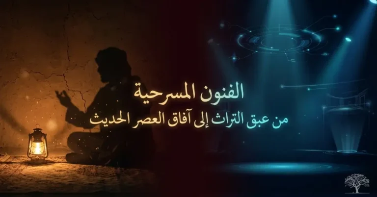 تصميم فني يجمع بين أجواء المسرح التقليدي والعروض المسرحية الحديثة، في إشارة إلى تطور الفنون المسرحية من التراث إلى العصر الرقمي.