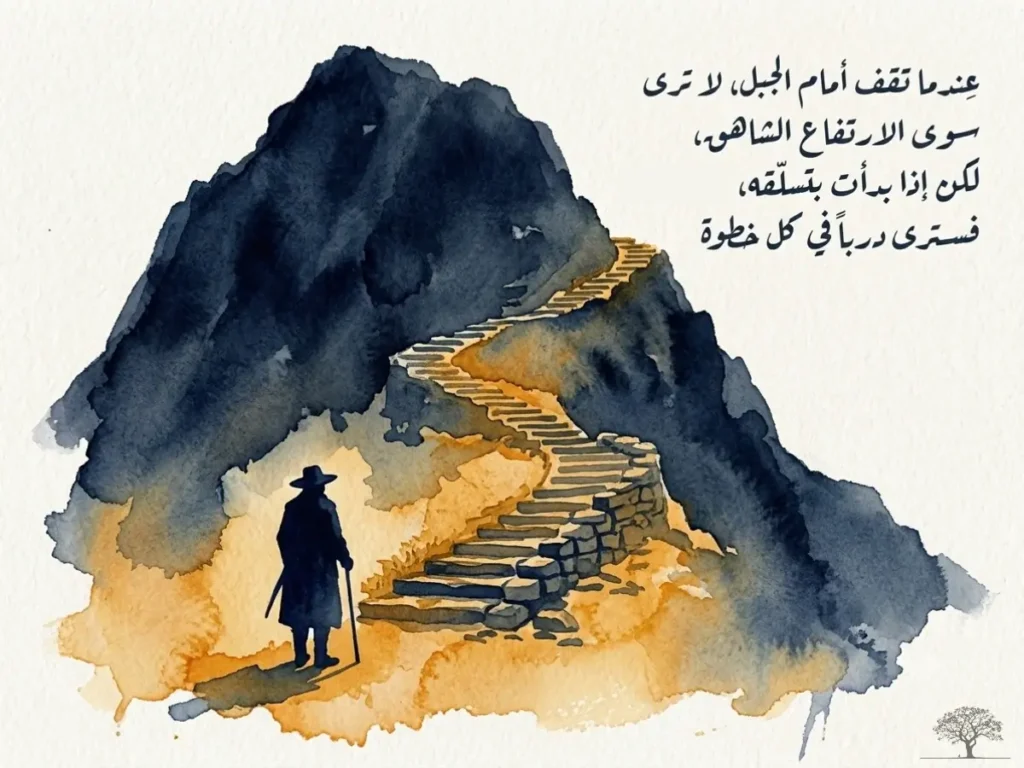 رجل يقف أمام جبل شاهق ويتأمل درجًا صاعدًا نحو القمة في لوحة مائية ترمز إلى أن النجاح يتحقق بخطوات صغيرة ومتدرجة.