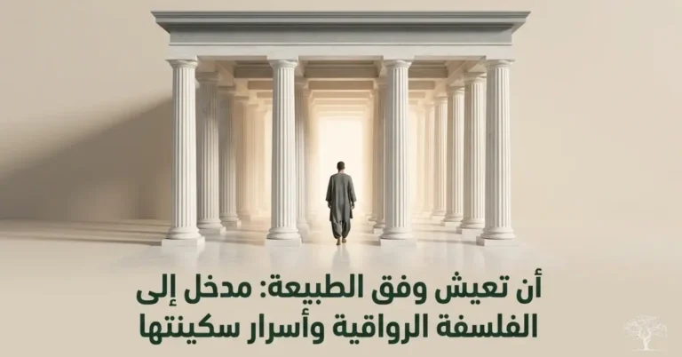 رجل يسير نحو ضوء ساطع بين أعمدة كلاسيكية ترمز إلى الفلسفة الرواقية وفكرة العيش وفق الطبيعة.