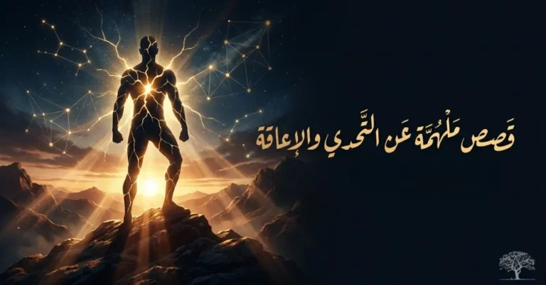 شخص يقف بثبات فوق قمة جبل وسط أشعة الشمس، مع تشققات مضيئة ترمز إلى القوة والتحدي والانتصار على المستحيل
