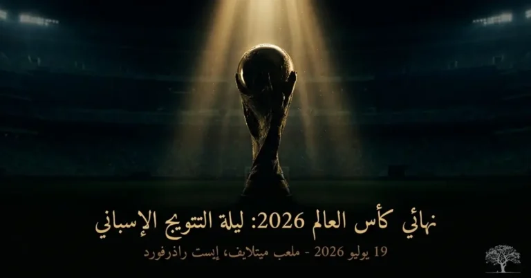 صورة لكأس العالم 2026 تحت أضواء الملعب، مع عنوان عن تتويج إسبانيا بطلة للعالم بعد فوزها على الأرجنتين في النهائي.