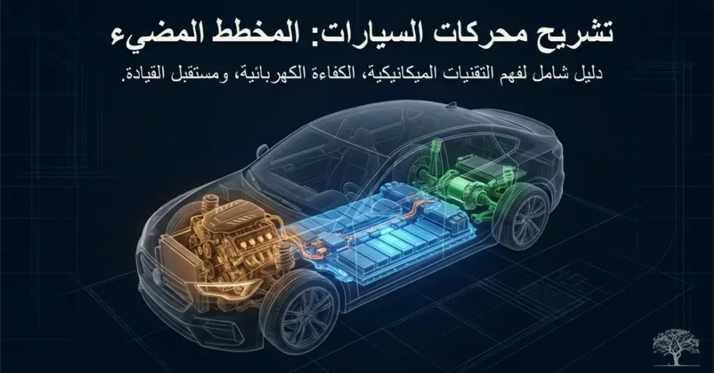 رسم توضيحي لسيارة حديثة يكشف مكونات محركها ونظام البطارية والمحرك الكهربائي، مع شرح أنواع محركات السيارات وكفاءتها.
