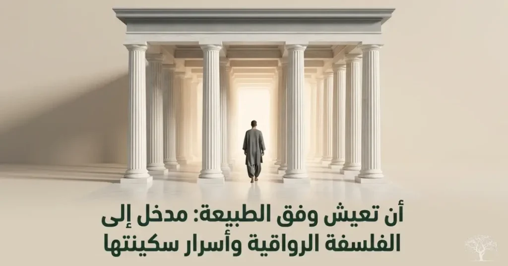 رجل يسير نحو ضوء ساطع بين أعمدة كلاسيكية ترمز إلى الفلسفة الرواقية وفكرة العيش وفق الطبيعة.