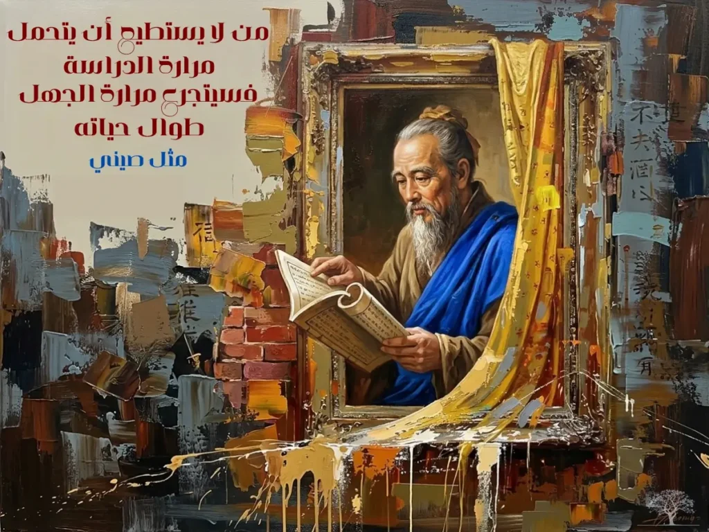 لوحة فنية تشكيلية لحكيم صيني يرتدي رداءً أزرق ويقرأ مخطوطة قديمة داخل إطار خشبي، مع نص مدون باللغة العربية: 'من لا يستطيع أن يتحمل مرارة الدراسة، فسيتجرع مرارة الجهل طوال حياته - مثل صيني'.