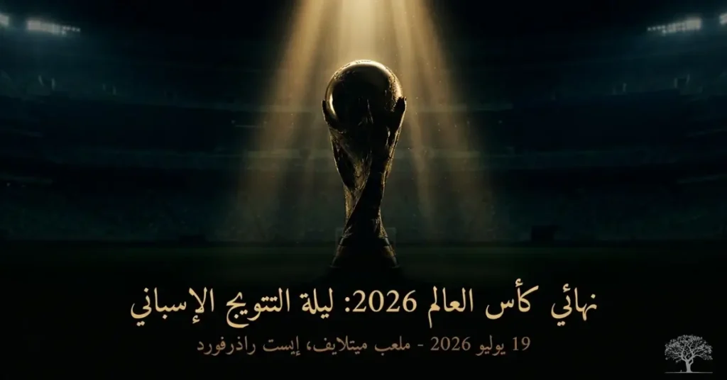 صورة لكأس العالم 2026 تحت أضواء الملعب، مع عنوان عن تتويج إسبانيا بطلة للعالم بعد فوزها على الأرجنتين في النهائي.