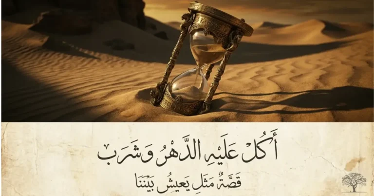 ساعة رملية قديمة تستقر على رمال الصحراء في مشهد يرمز إلى مرور الزمن وتقادم الأشياء