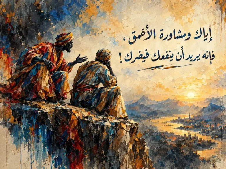 لوحة فنية تجسد رجلين يتشاوران على قمة جبل، مع عبارة تحذر من استشارة الأحمق الذي قد يقصد النفع فينتهي إلى الضرر