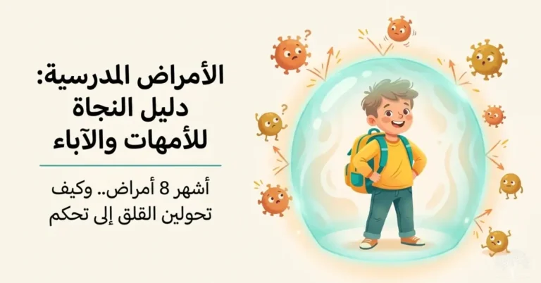 طفل يرتدي حقيبة مدرسية محاط بجراثيم وفيروسات داخل مشهد توعوي عن الأمراض المعدية الشائعة في المدارس وطرق الوقاية منها.