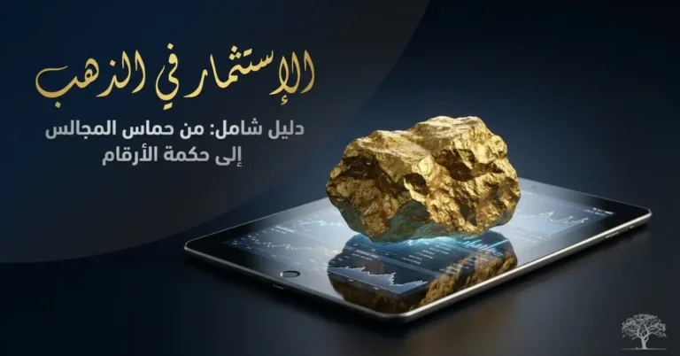 قطعة من الذهب فوق جهاز لوحي يعرض مخططات مالية، في صورة رمزية عن الاستثمار في الذهب وطرق الشراء وإدارة الثروات