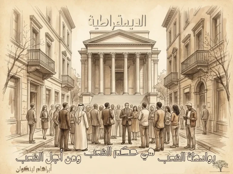 مشهد رمزي للديمقراطية يظهر مجموعة من المواطنين أمام مبنى حكومي كلاسيكي، في إشارة إلى حكم الشعب ومشاركته في بناء المجتمع.