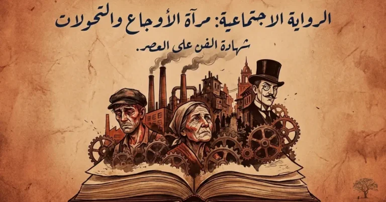 رسم توضيحي للرواية الاجتماعية يصور المجتمع والطبقات الاجتماعية والتحولات التاريخية من خلال شخصيات ومدينة صناعية