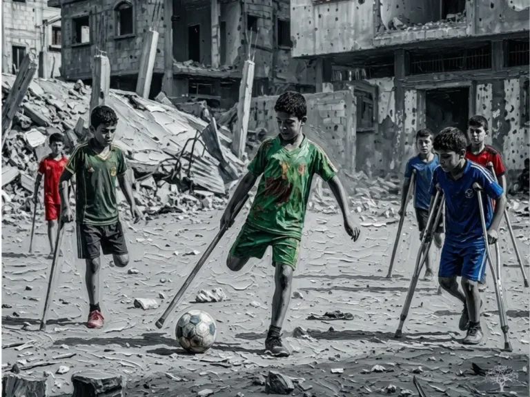 أطفال فلسطينيون مبتورو الأطراف يلعبون كرة القدم بالعكازات وسط أنقاض غزة في لوحة فنية مؤثرة