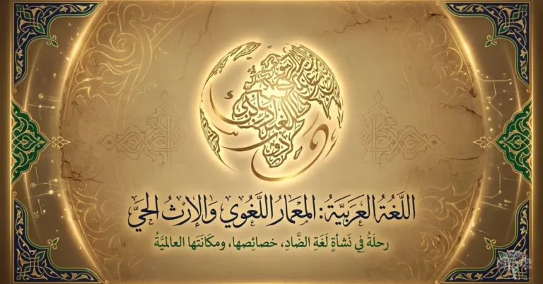 تصميم زخرفي للغة العربية يبرز مكانتها وخصائصها وتراثها اللغوي ضمن إطار عربي إسلامي فاخر