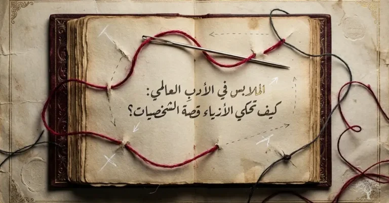كتاب أدبي قديم مفتوح تتوسطه إبرة خياطة وخيوط حمراء وسوداء، في إشارة إلى دور الملابس والأزياء في تشكيل الشخصيات الأدبية وحكاياتها.
