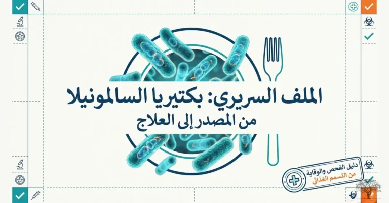 تصميم توضيحي لبكتيريا السالمونيلا مع رموز مرتبطة بالصحة والغذاء، بعنوان الأعراض والأسباب وطرق العلاج والوقاية