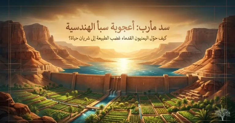 سد مأرب التاريخي في اليمن وسط وادٍ زراعي خصب، يصور براعة السبئيين في بناء واحدة من أعظم المنشآت الهندسية في العالم القديم