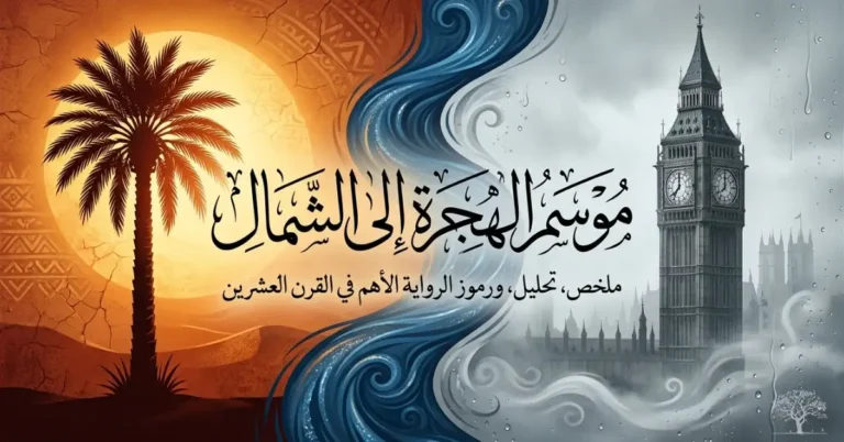 غلاف رواية موسم الهجرة إلى الشمال للطيب صالح مع مشهد يجمع بين البيئة السودانية والمعالم البريطانية