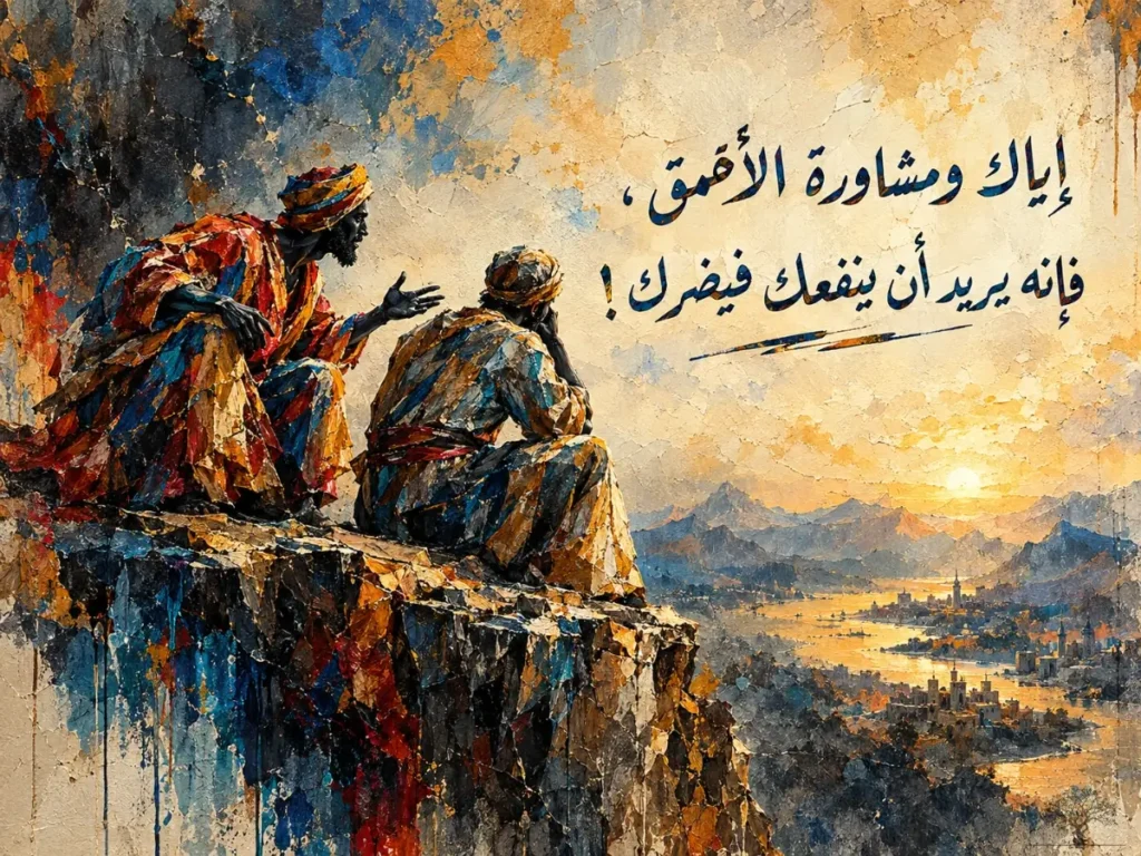 لوحة فنية تجسد رجلين يتشاوران على قمة جبل، مع عبارة تحذر من استشارة الأحمق الذي قد يقصد النفع فينتهي إلى الضرر