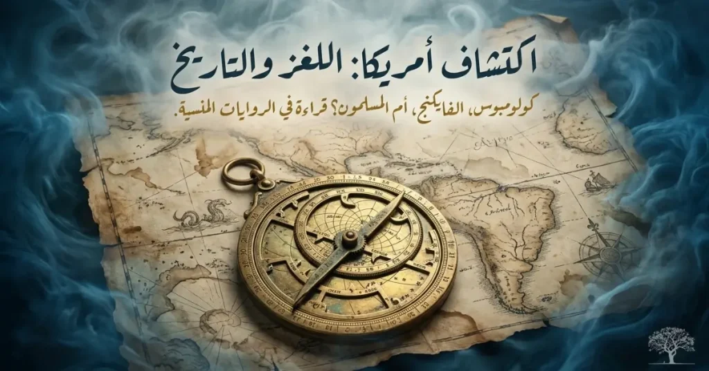 خريطة قديمة للعالم مع بوصلة ترمز إلى الجدل التاريخي حول اكتشاف أمريكا ورحلات كريستوف كولومبوس والنظريات التي تتحدث عن وصول المسلمين إليها قبل الأوروبيين