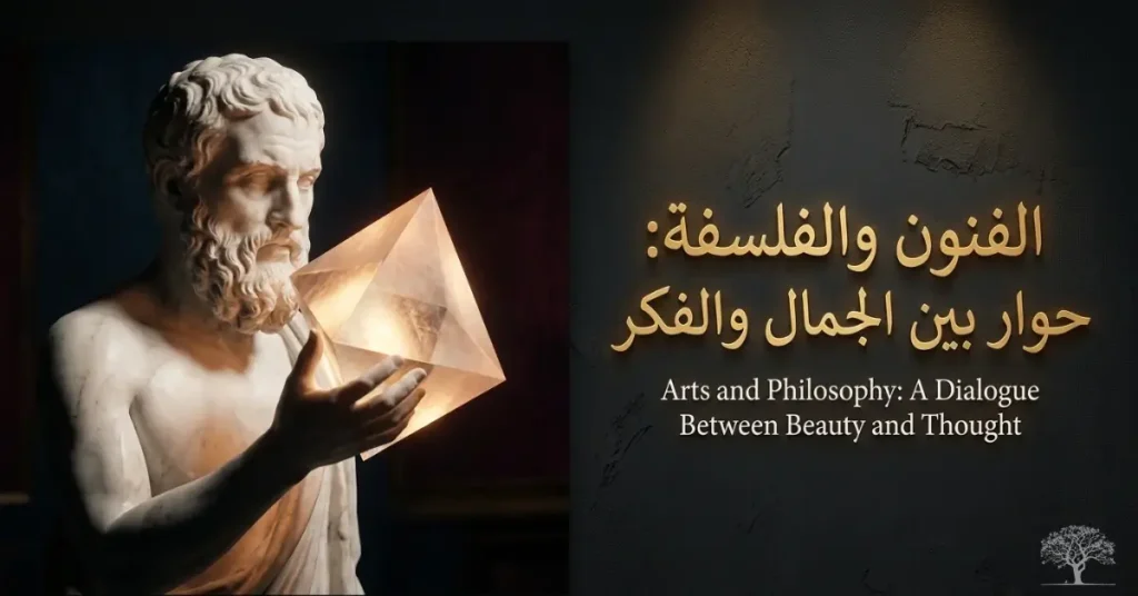 تمثال فيلسوف يوناني يحمل مجسمًا هندسيًا مضيئًا، في مشهد رمزي يجمع بين الفنون والفلسفة والجمال والتفكير.