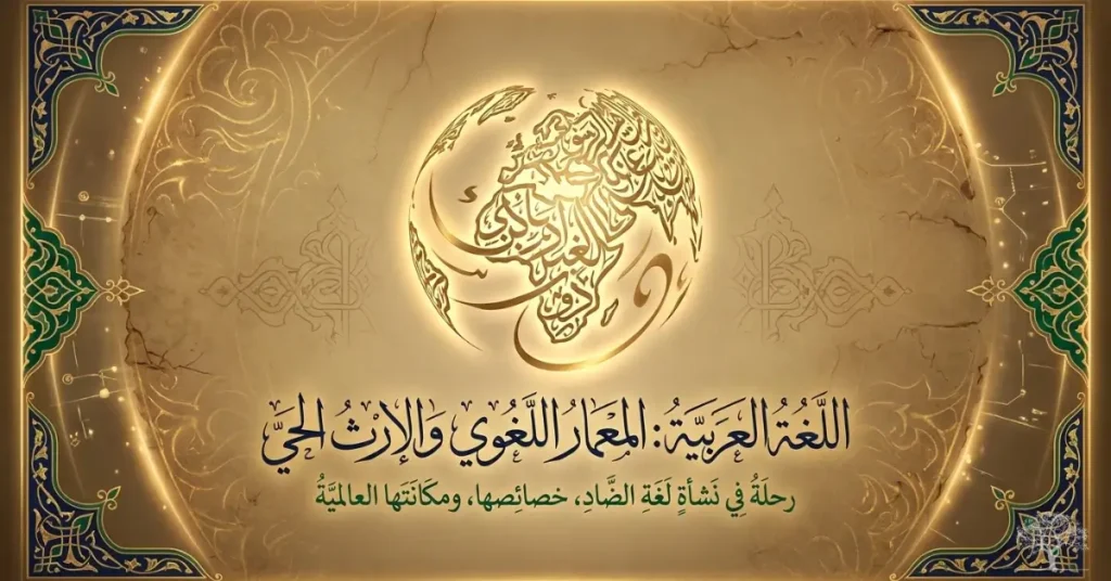 تصميم زخرفي للغة العربية يبرز مكانتها وخصائصها وتراثها اللغوي ضمن إطار عربي إسلامي فاخر