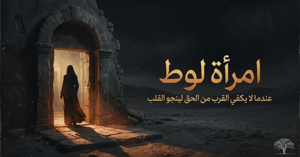 مشهد رمزي لامرأة تقف عند مدخل باب حجري مضاء من الداخل وسط ظلام دامس، في تعبير عن الاختيار بين طريق الحق والابتعاد عنه.