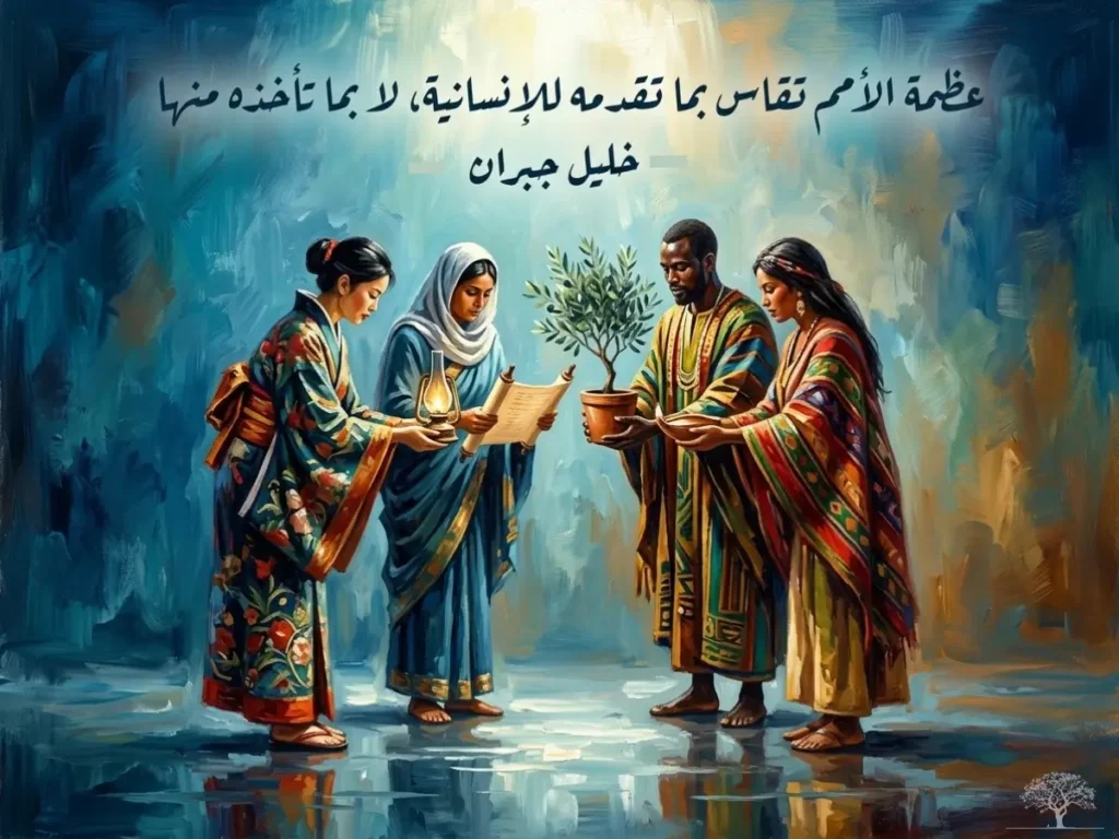 لوحة فنية رمزية تُجسّد عطاء الأمم للإنسانية من خلال أشخاص من ثقافات مختلفة يقدّمون شجرة الزيتون رمزًا للحياة والسلام