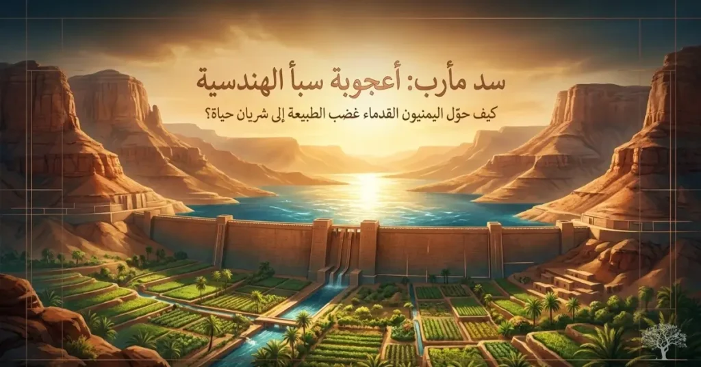 سد مأرب التاريخي في اليمن وسط وادٍ زراعي خصب، يصور براعة السبئيين في بناء واحدة من أعظم المنشآت الهندسية في العالم القديم