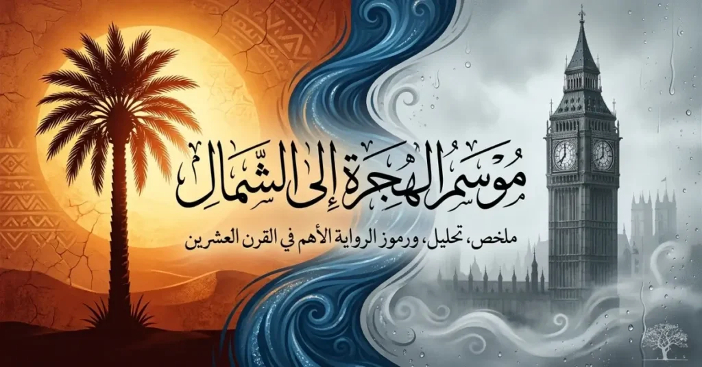 غلاف رواية موسم الهجرة إلى الشمال للطيب صالح مع مشهد يجمع بين البيئة السودانية والمعالم البريطانية