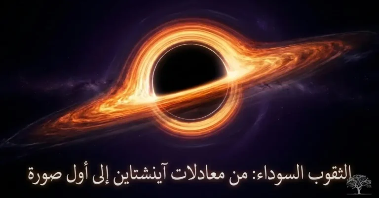 ثقب أسود في الفضاء تحيط به حلقة متوهجة من الغاز الساخن، مع ظهور الظل الداكن في المركز وانحناء الضوء بفعل الجاذبية الشديدة.