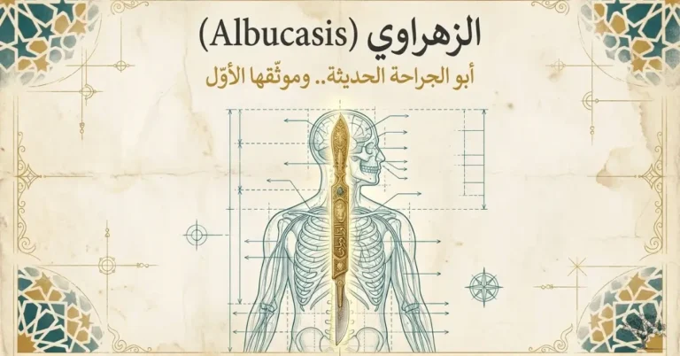 رسم توضيحي تشريحي لجسم الإنسان تتوسطه أداة جراحية ذهبية، بتصميم مستوحى من التراث العلمي الإسلامي، تكريمًا لإسهامات أبي القاسم الزهراوي في تطور الجراحة.