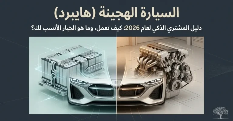 تصميم توضيحي لسيارة هجينة يجمع بين نظام البطارية والمحرك الكهربائي من جهة ومحرك الاحتراق الداخلي من جهة أخرى.