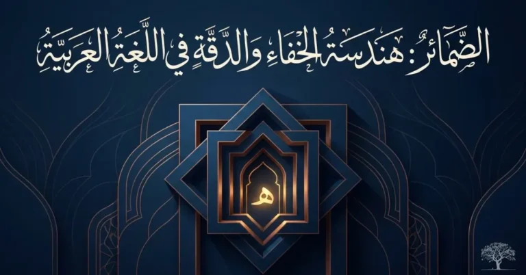 تصميم فني إسلامي وهندسي باللون الأزرق الداكن والذهبي يتوسطه حرف الهاء، مع نص عربي مزخرف في الأعلى يقرأ: "الضمائر: هندسة الخفاء والدقة في اللغة العربية"، لدعم مقال قواعد النحو والضمائر.