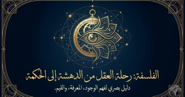 تصميم فني رمزي للفلسفة يتوسطه عين ذهبية داخل أشكال هندسية وفلكية على خلفية زرقاء داكنة، مع زخارف ذهبية توحي بالتأمل والمعرفة والحكمة.