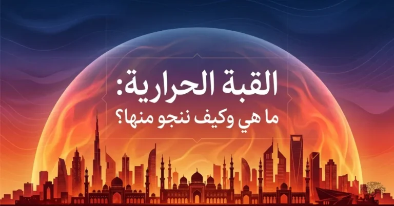 تصميم توضيحي لظاهرة القبة الحرارية فوق الأرض، يرمز إلى احتجاز الهواء الساخن تحت منطقة ضغط جوي مرتفع وتأثيرها في درجات الحرارة.