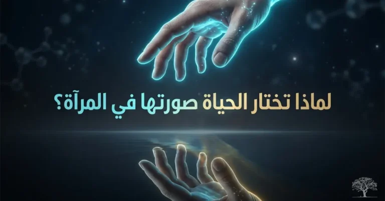 يدان متقابلتان ومتعاكستان في صورة مرآتية، تحيط بهما إضاءة زرقاء متوهجة، في تصميم يرمز إلى الكيرالية والاختلاف بين الصور المرآتية للجزيئات.