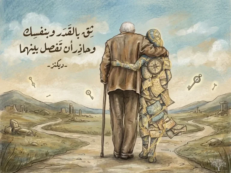 رسم فني لرجل مسنّ يسير مستندًا إلى عصاه بجوار شخصية رمزية تتكوّن من الخرائط والبوصلة والمفاتيح، في مشهد يعبّر عن التوازن بين الإيمان بالقدر والثقة بالنفس.