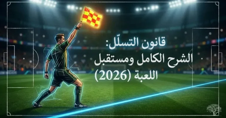 قانون التسلل في كرة القدم مع حكم الراية داخل ملعب مضاء