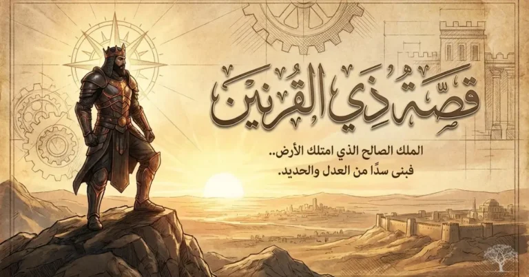 تصميم تاريخي تخيلي لذي القرنين مرتديًا درعًا ملكيًا، يقف على مرتفع صخري أمام مدينة قديمة، مع ظهور تفاصيل هندسية ترمز إلى بناء السد وقصة ذي القرنين الواردة في القرآن الكريم.