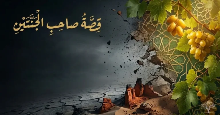 النص البديل (Alt Text): قصة صاحب الجنتين من سورة الكهف، وعبرة قرآنية عن الغرور وزوال النعمة وضرورة شكر الله.